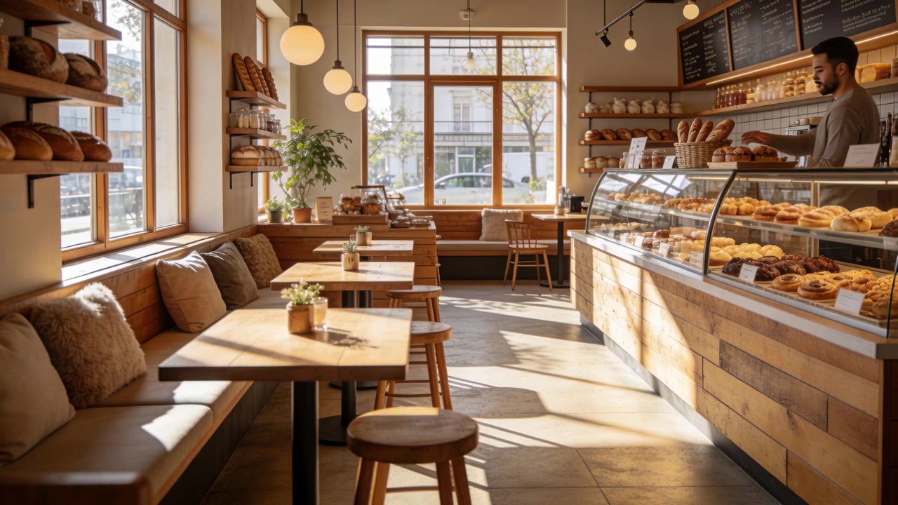 La luce del sole mattutino annuncia l'inizio, un barista barbuto sistema i dolci dietro il bancone in un bar locale.