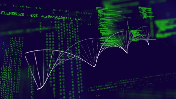 Animation of 3d dna strand spinning and scientific data processing on blue background