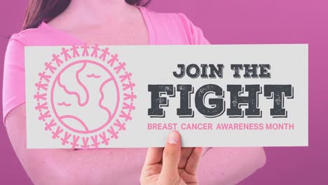 animation of breast cancer awareness text over caucasian woman