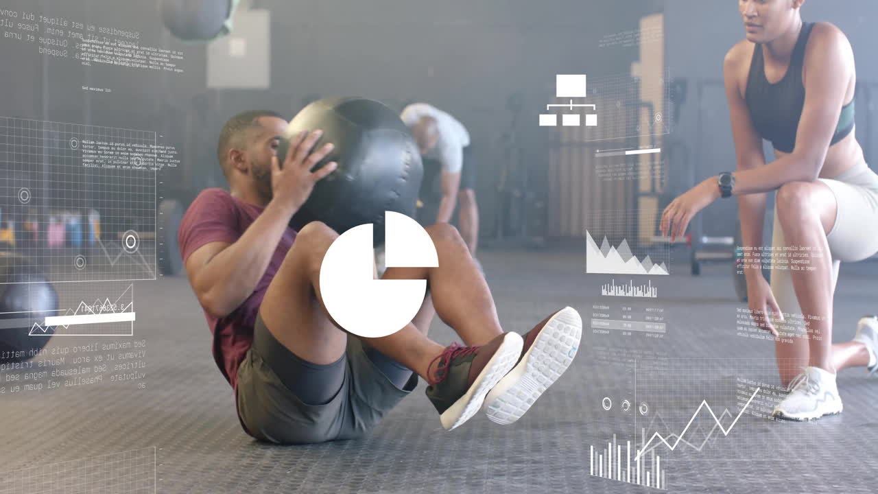animación de procesamiento de datos y diagramas sobre diversas personas que hacen ejercicio con bolas en el gimnasio