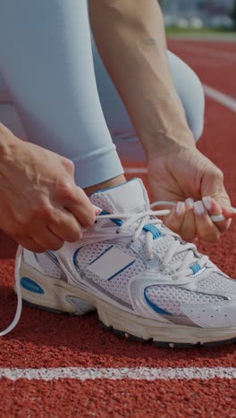 athlete tying running shoes on a track