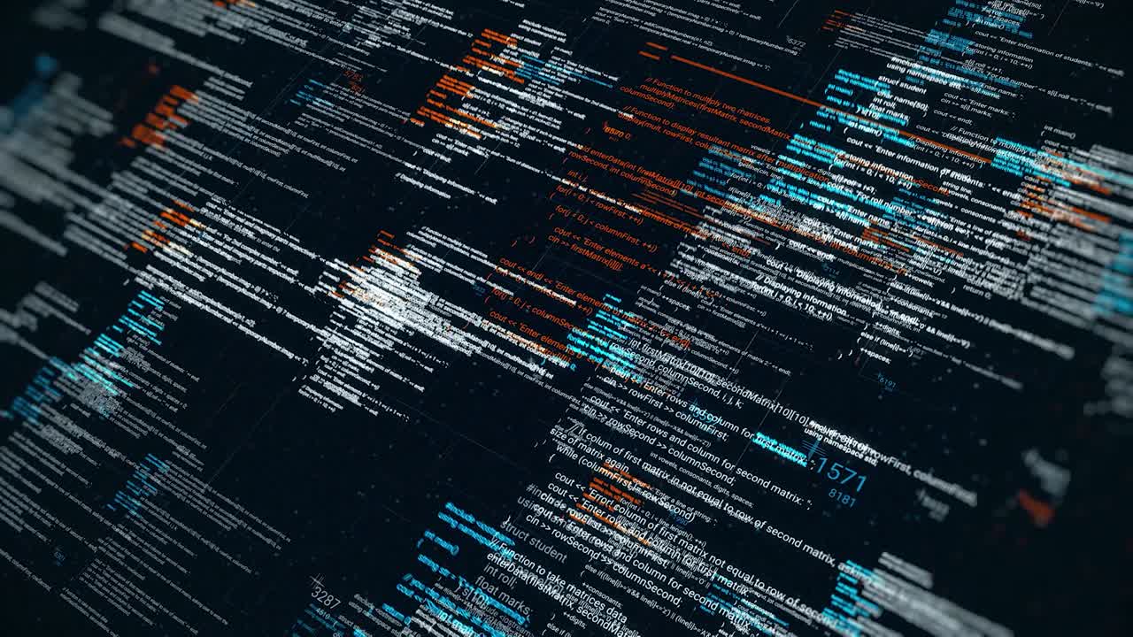 Abstract digital source code of a computer program on virtual display. Animation. Statistics recording and data processing over black background, seamless loop