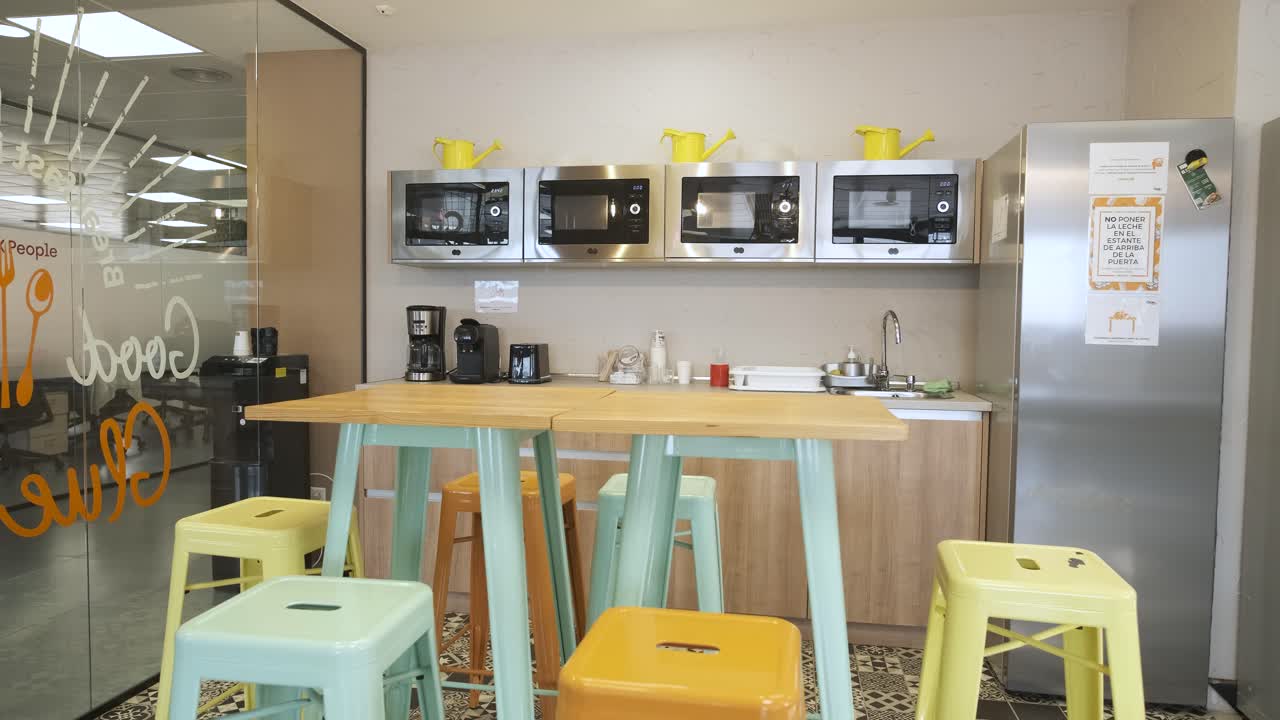 Modern office kitchen interior with furniture and appliances