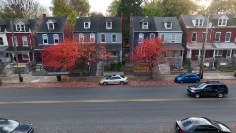 Aerial-truck-shot-of-colorful-homes-in-city-suburb