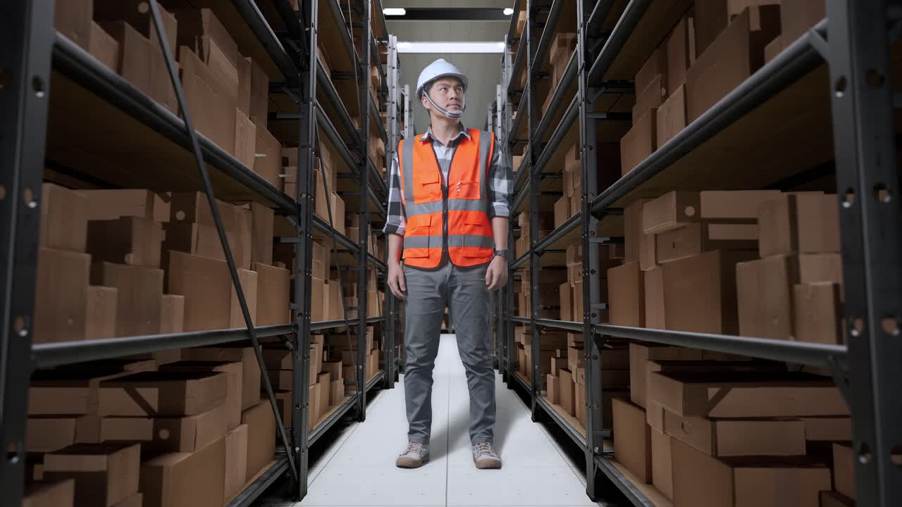 cuerpo lleno de ingeniero masculino asiático con casco de seguridad de pie en el almacén con estantes llenos de mercancías de entrega. mirando a su alrededor, comprobando el stock en los estantes