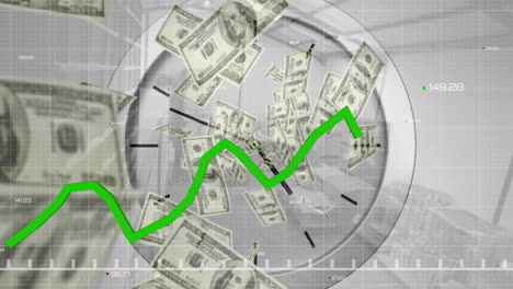 animación del procesamiento de datos financieros con línea verde, reloj y dólares estadounidenses flotantes
