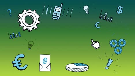 animación de iconos de negocios y oficinas sobre un fondo verde