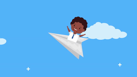 back to school season with boy flying in paper airplane