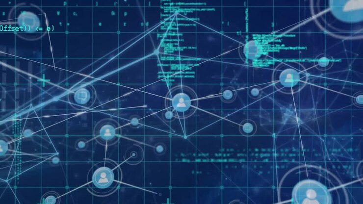 Animation of network of connections with icons and data processing