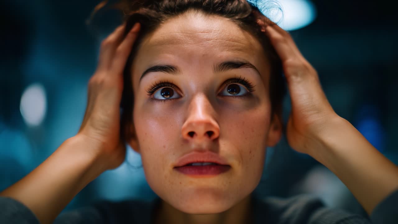 A woman displaying deep concentration and emotional turmoil, with her hands on her head as she contemplates a challenging situation in a dimly lit environment