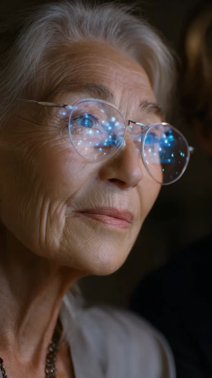 Elderly Woman Gazing Thoughtfully with Cosmic Reflections in Her Glasses, Emphasizing Wisdom and Wonder about the Universe and Its Mysteries