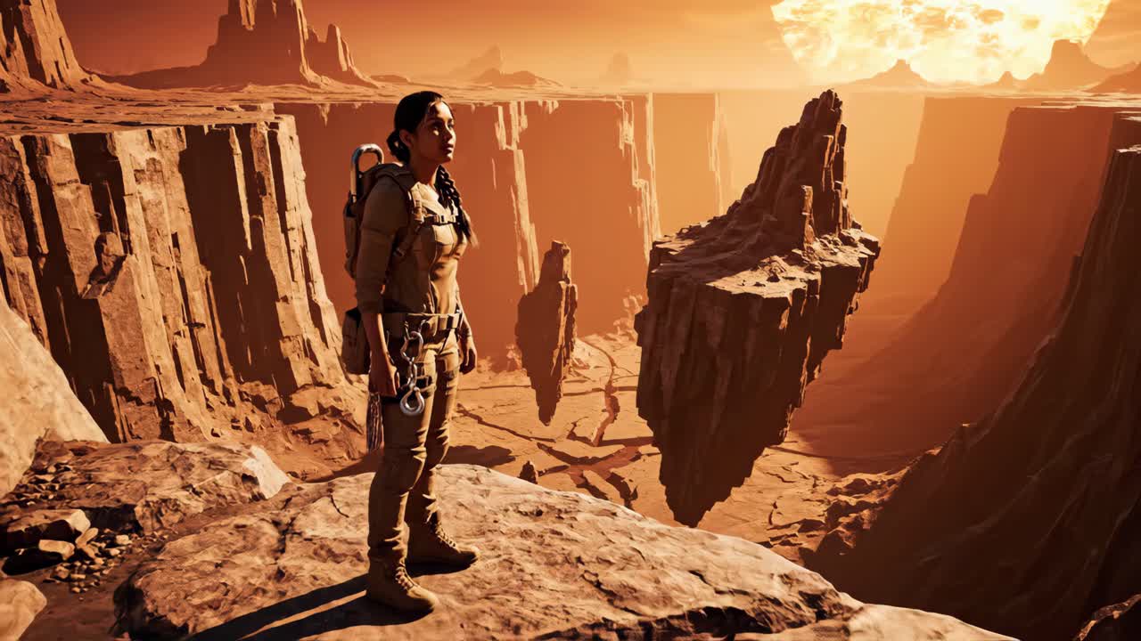 Woman Exploring a Sci-Fi Desert Landscape