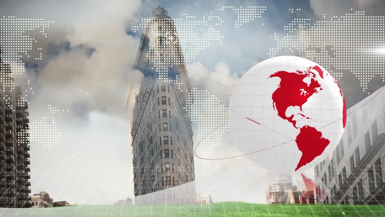 animación del globo giratorio sobre la vista de la ciudad.