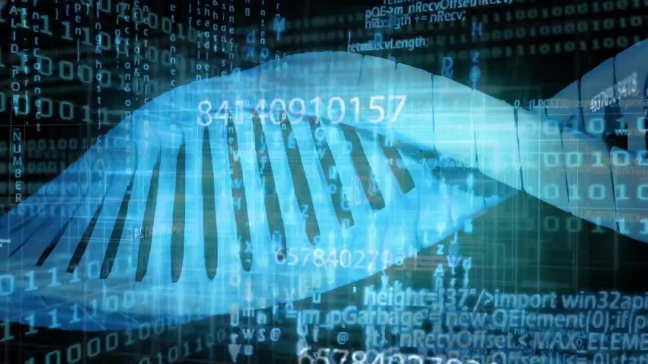 Digital DNA Helix Rotating with Streaming Binary Code Data