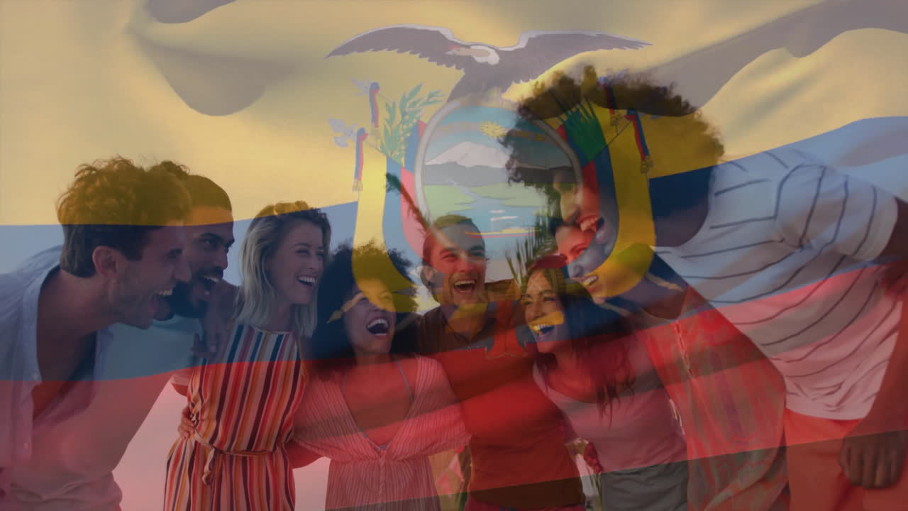 Laughing together, diverse friends with Ecuador flag animation in background