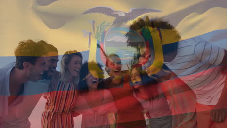 laughing together, diverse friends with ecuador flag animation in background