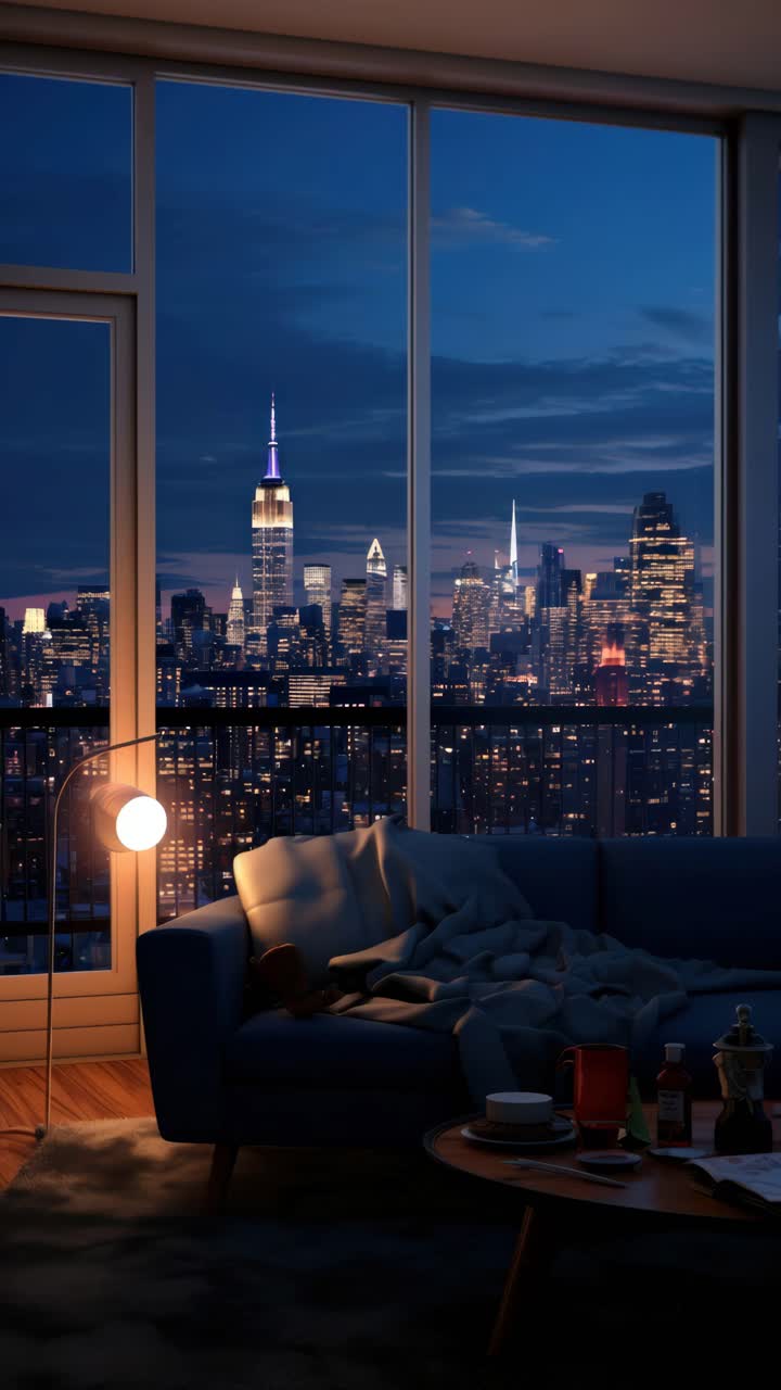 A cozy living room with a city skyline view at dusk. Shot from a low angle, the video captures