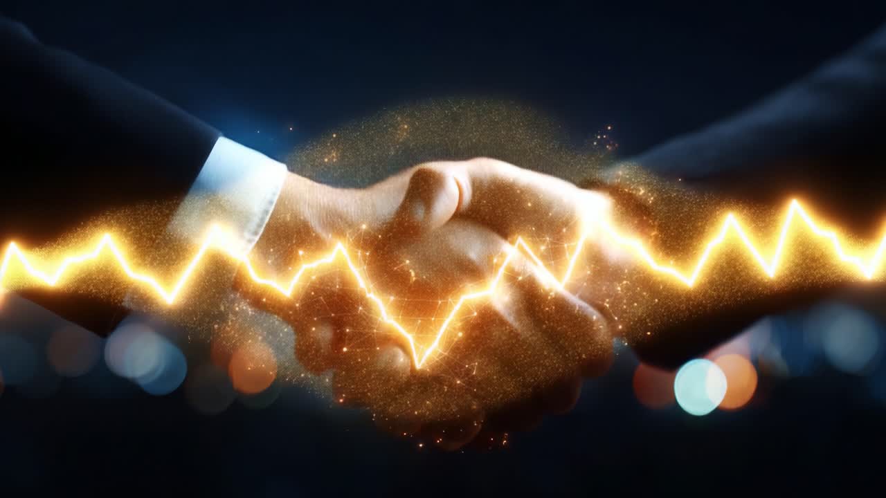 A Dynamic Handshake Illuminated by Sparkling Energy, Symbolizing Connection, Collaboration, and Agreement Between Two Individuals in a Professional Setting
