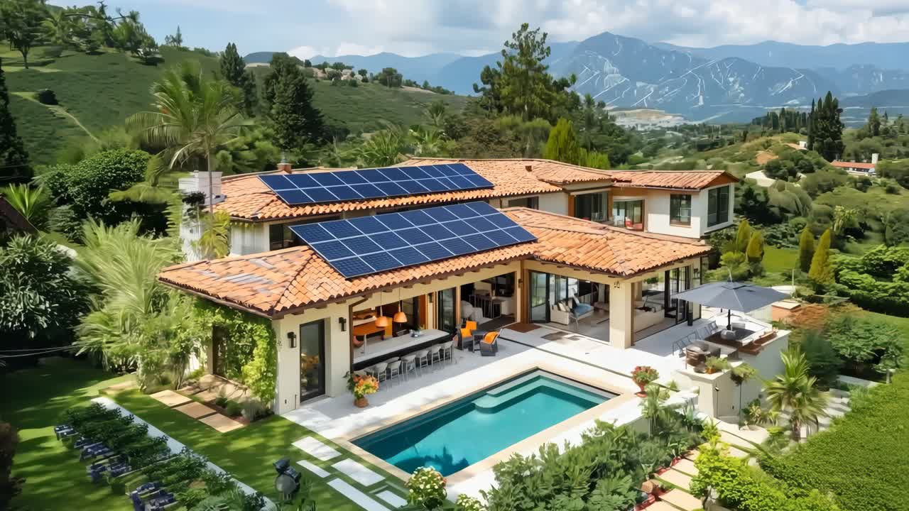 수영장  지붕에 태양광 패널이 있는 집