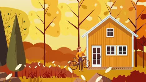 ilustración animada en 2d de una joven frente a la casa con una bicicleta, agitando