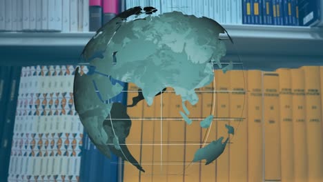 animation of spinning globe icon against book shelf