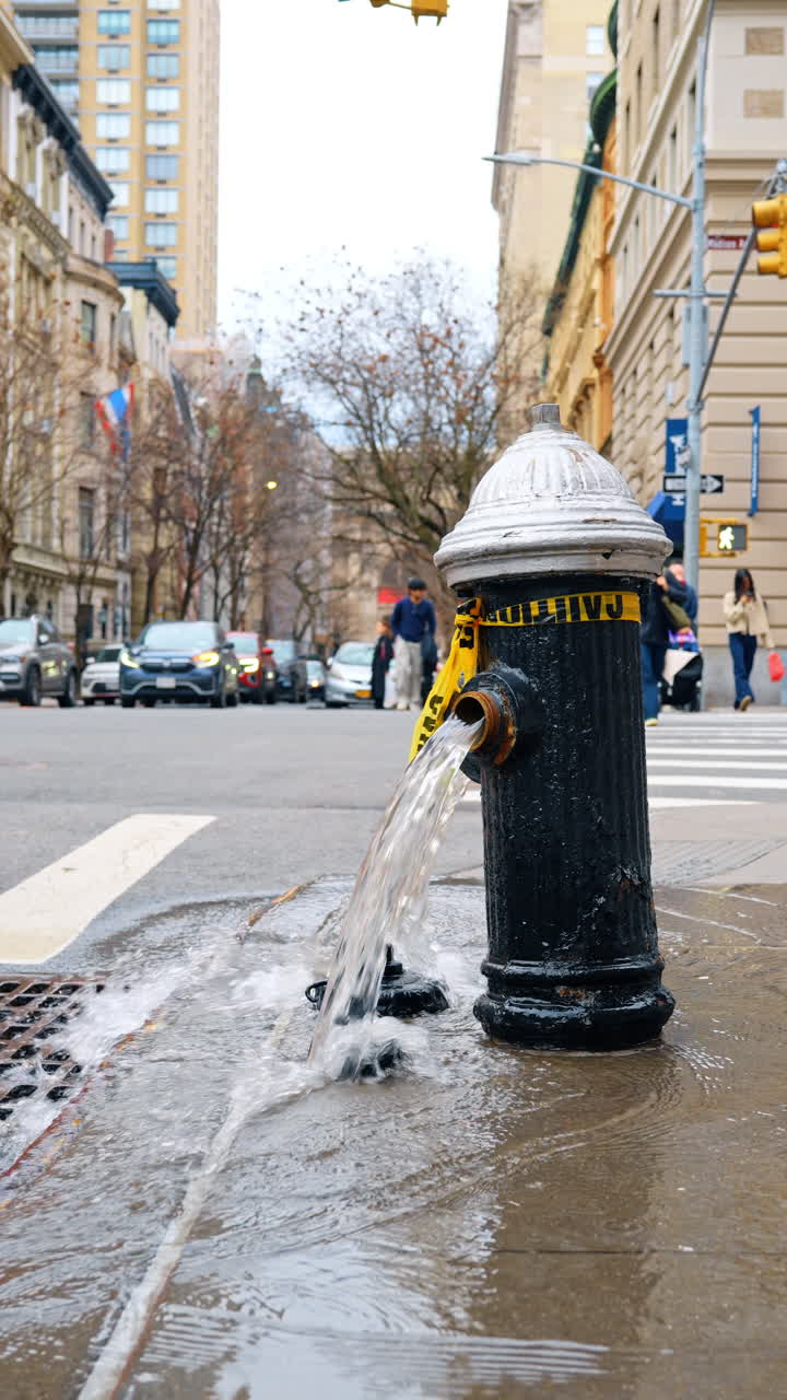New York, USA, 2 marzo 2026: Acqua che sgorga da un idrante antincendio aperto su una strada cittadina. Vista dal basso dell'acqua che sgorga da un idrante antincendio nero con nastro giallo di cautela su un marciapiede di New York.