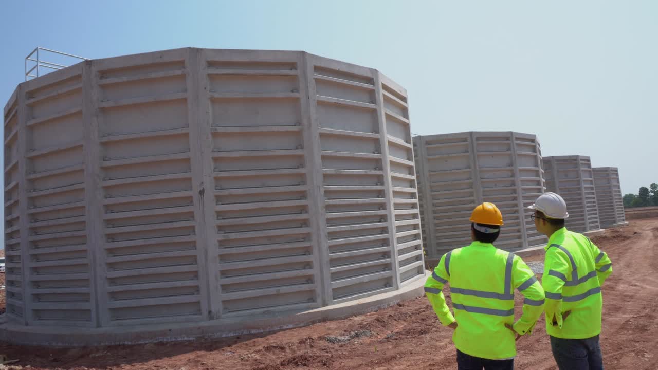 ingeniero de trabajo en equipo la construcción de suceder. tanques de agua concreto para el tratamiento de aguas residuales en el sitio de construcción de la zona industrial. servicios públicos