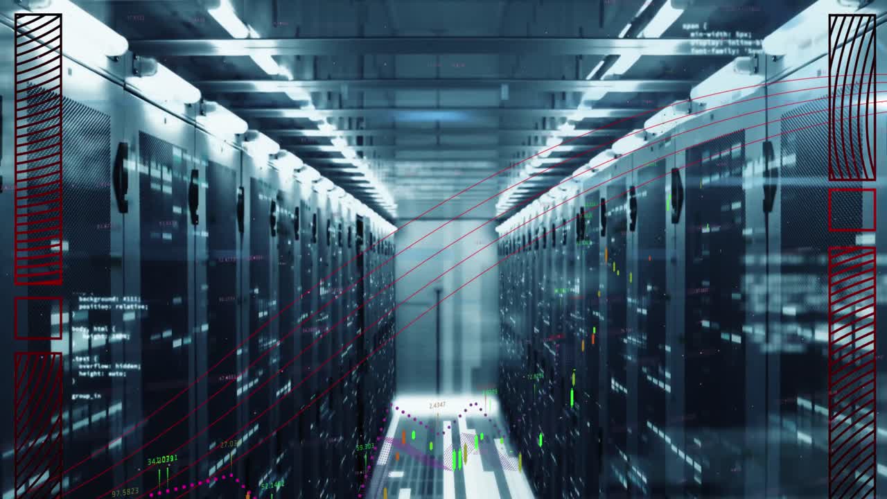 Animation of financial data processing against mosaic squares over computer server room
