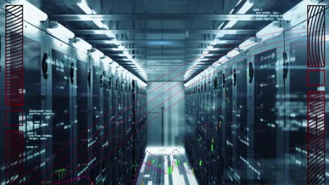 animación del procesamiento de datos financieros contra cuadrados de mosaico sobre la sala de servidores de computadoras.
