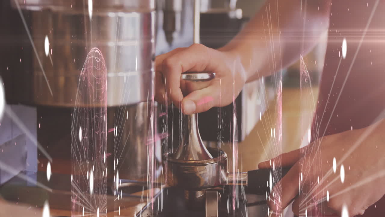 Barista hands pressing espresso grounds into portafilter in closeup, with abstract light overlays
