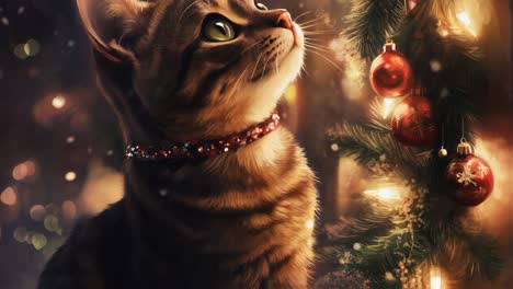 six variations of a captivating image showcasing a cute kitten with striking blue eyes, adorned with a festive red collar, gazing at a beautifully decorated christmas tree