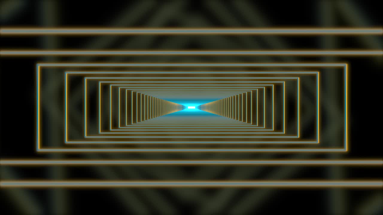 viajando a través de un túnel de rectángulos de luz amarilla brillante con luz de neón azul en el centro.