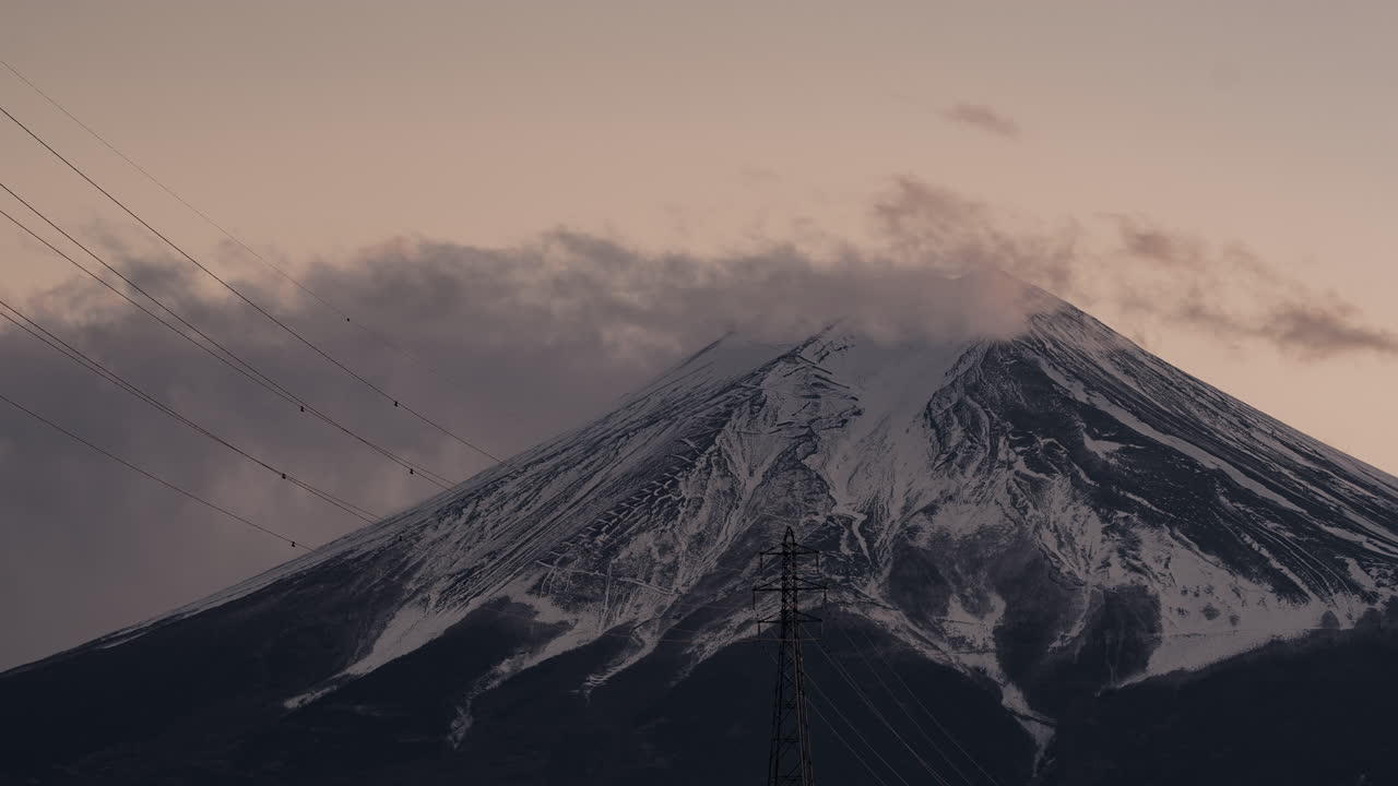 Mount Fuji at Sunrise/Sunset with Power Lines