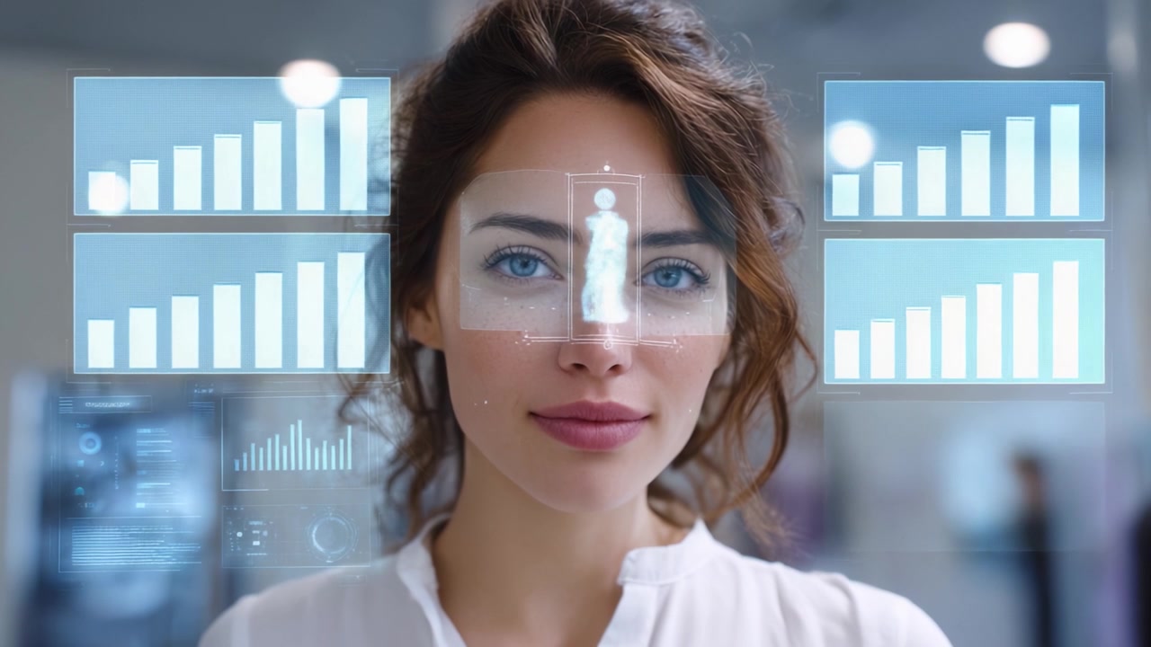 Facial Recognition Technology: An Innovative Woman Engaging with Data Visualization and Metrics in a Modern Digital Environment with Interactive Displays