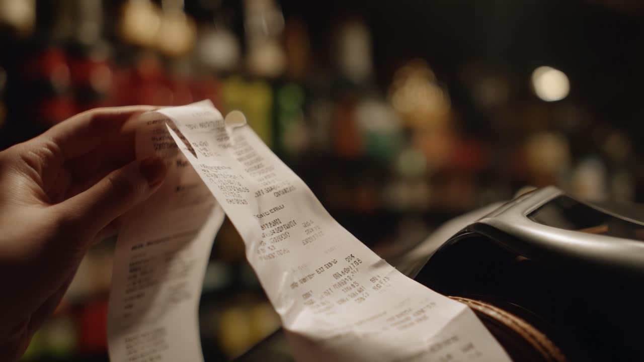 Detailed Close-Up of a Hand Holding Multiple Receipts in a Dimly Lit Environment, Highlighting Retail Transactions and Customer Purchases in a Cozy Setting