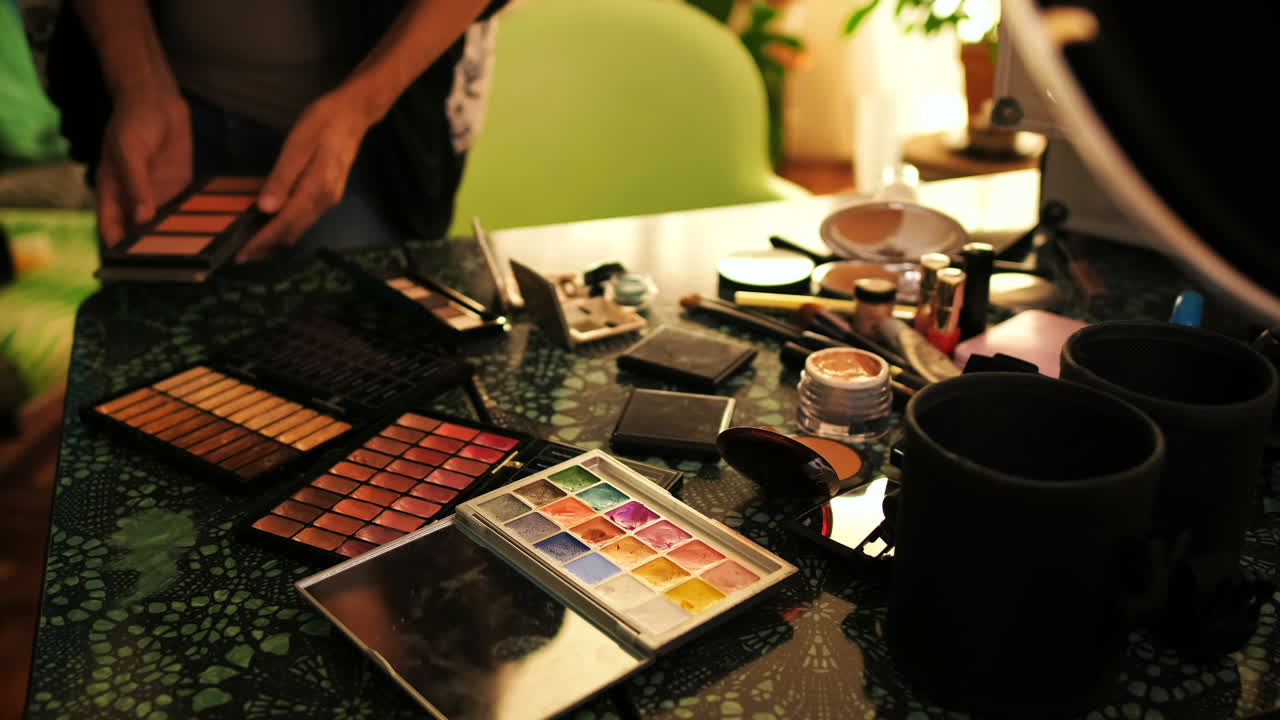 Female blogger arranging cosmetics on the table 4k