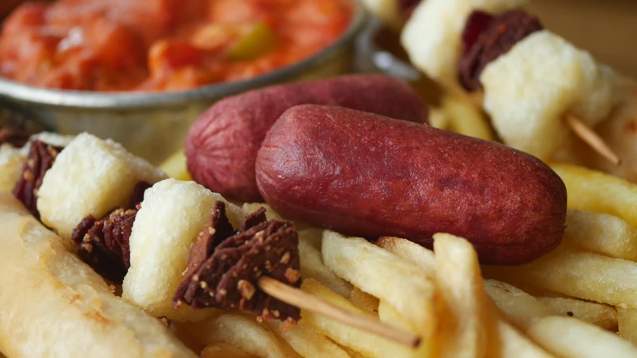 Tenedor Recogiendo Salchicha de un Plato de Patatas Fritas y Brochetas