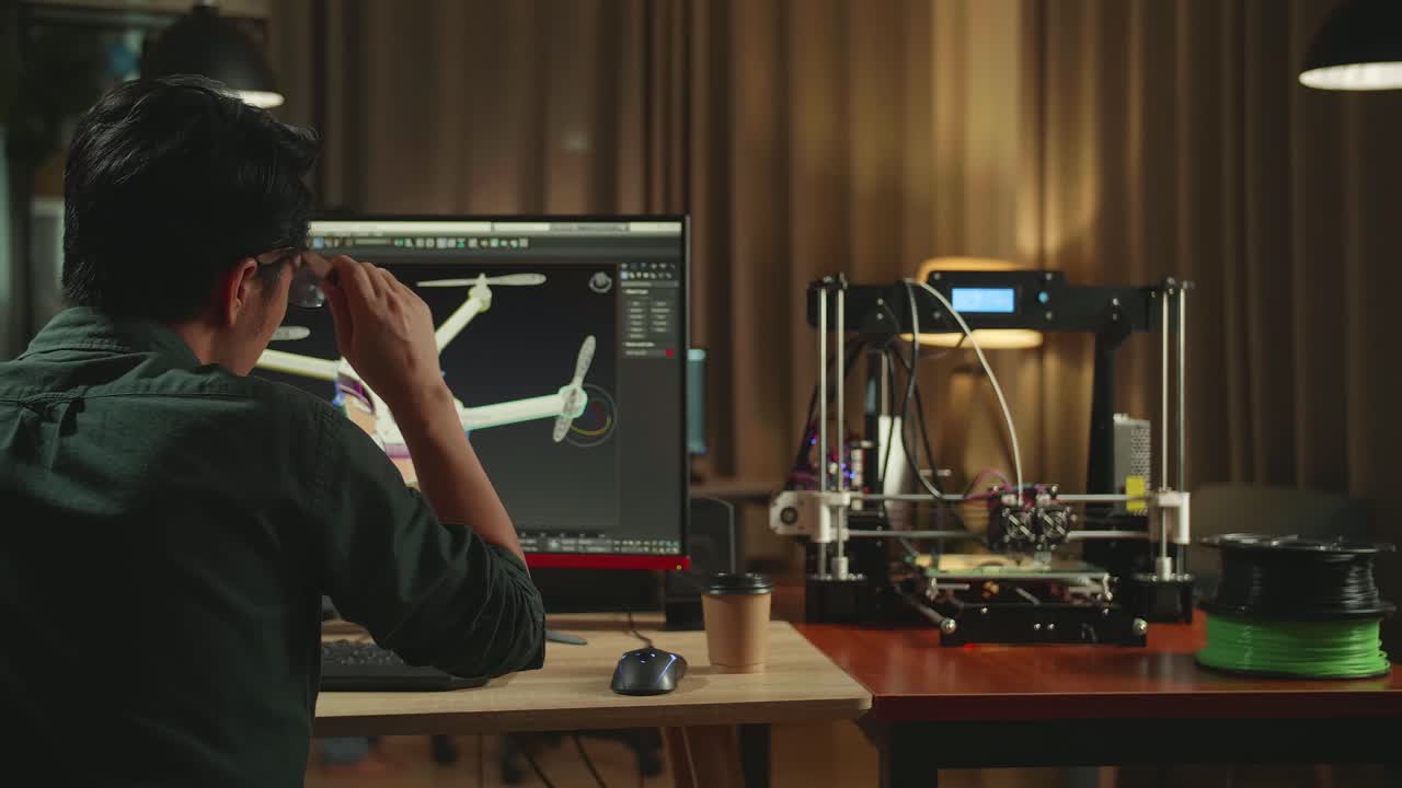 Back View Of Frustrated Asian Engineer Working On Personal Computer And 3D Printer, Screen Shows Cad Software With 3D Prototype Of Drone Delivery
