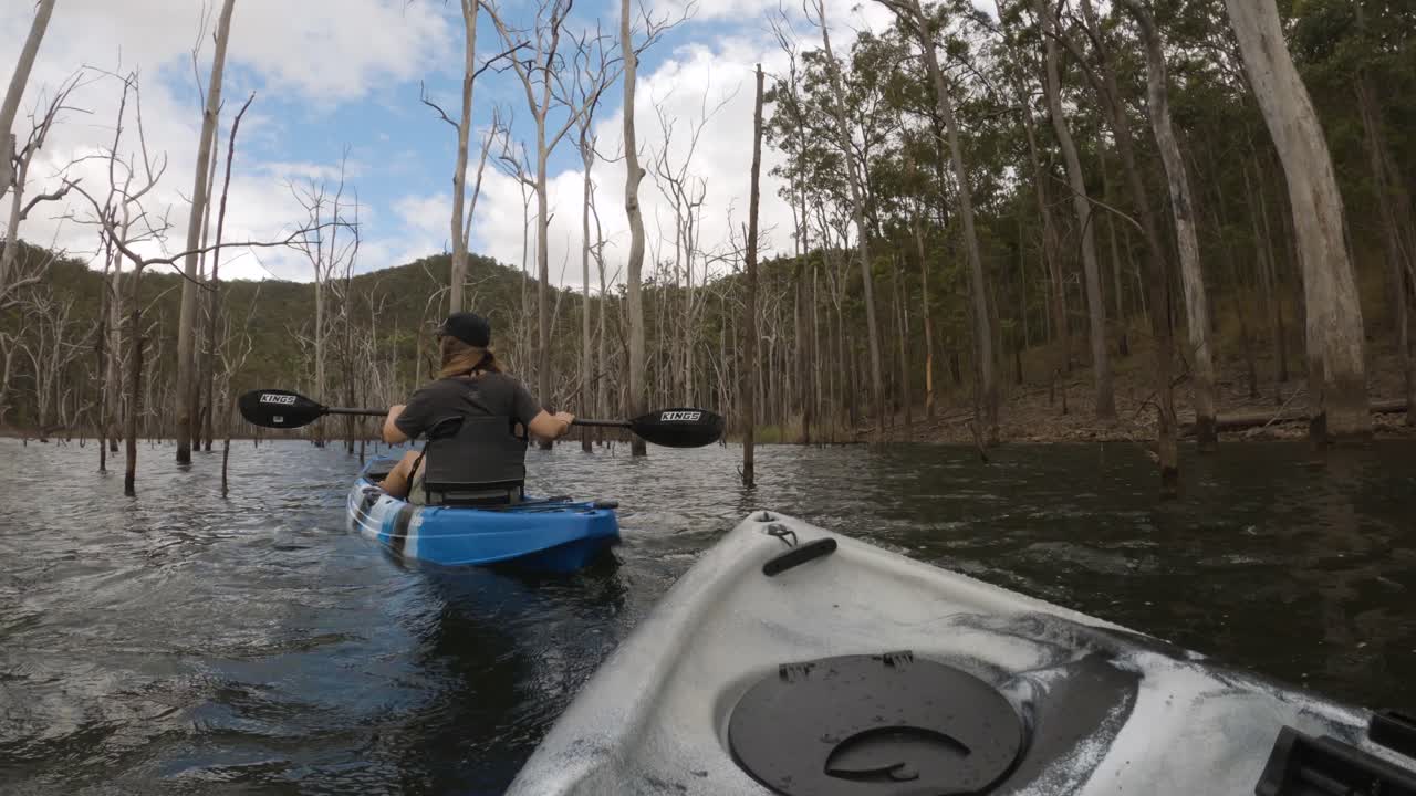vista en primera persona de una pareja en kayak entre árboles muertos en un viejo bosque inundado