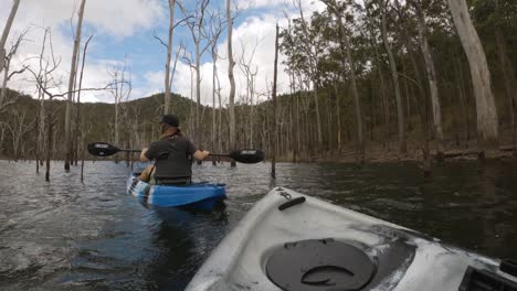 Vista-En-Primera-Persona-De-Una-Pareja-En-Kayak-Entre-árboles-Muertos-En-Un-Viejo-Bosque-Inundado