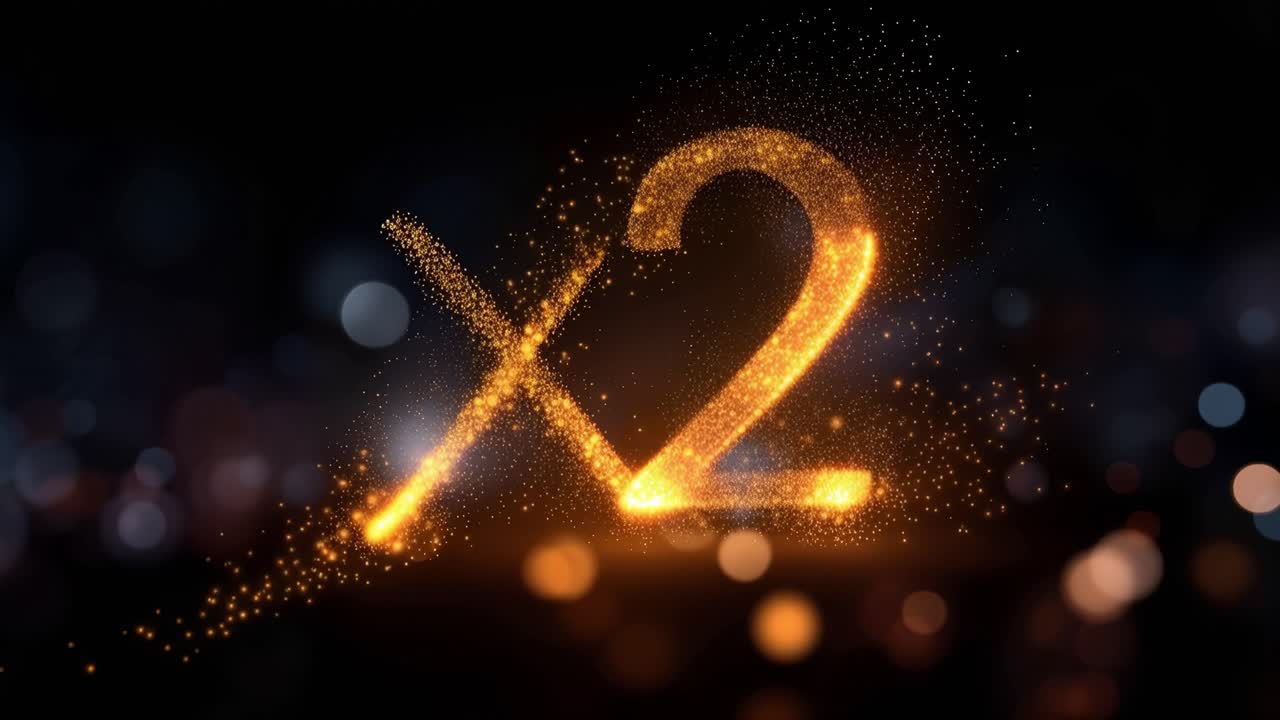 Golden particles form "x2" against dark background. Sparkling glow suggests enhancement or doubling. Blurred lights add depth and energy. Ideal for marketing visuals of growth or upgrades