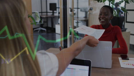 financial data graph animation over businesswomen exchanging documents in office