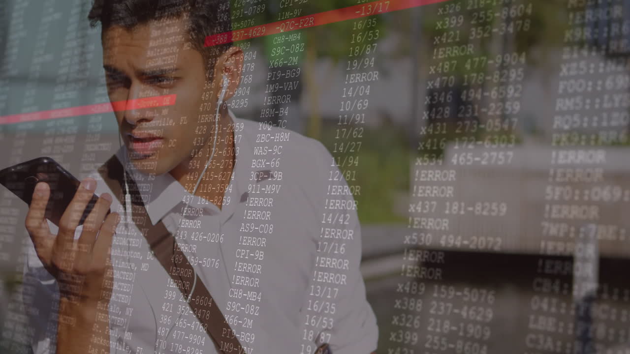 Man talking on walkie-talkie over digital data and error codes animation