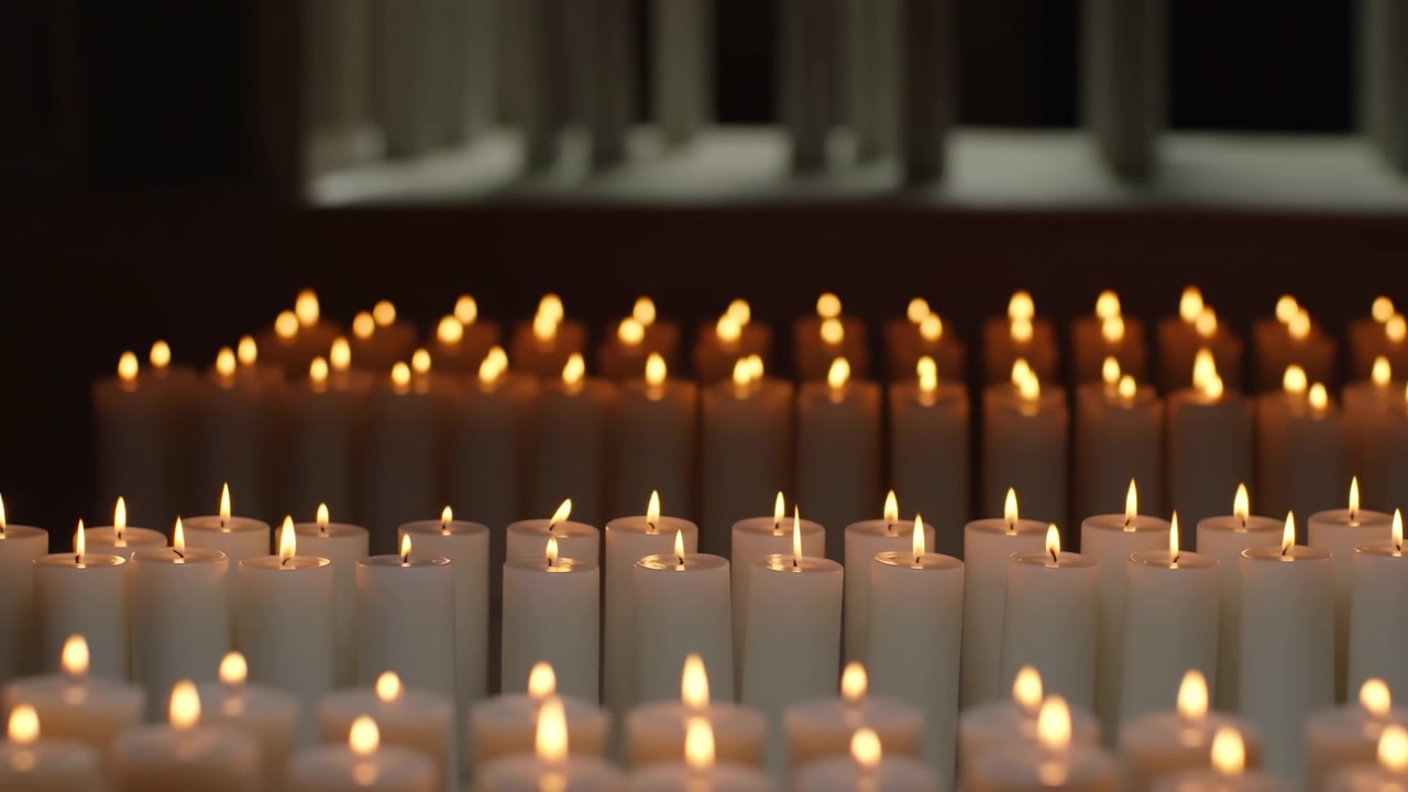 File di candele accese in cappella, caldo bagliore dorato su pilastri di cera bianca, sfarfallio costante crea un'atmosfera tranquilla.