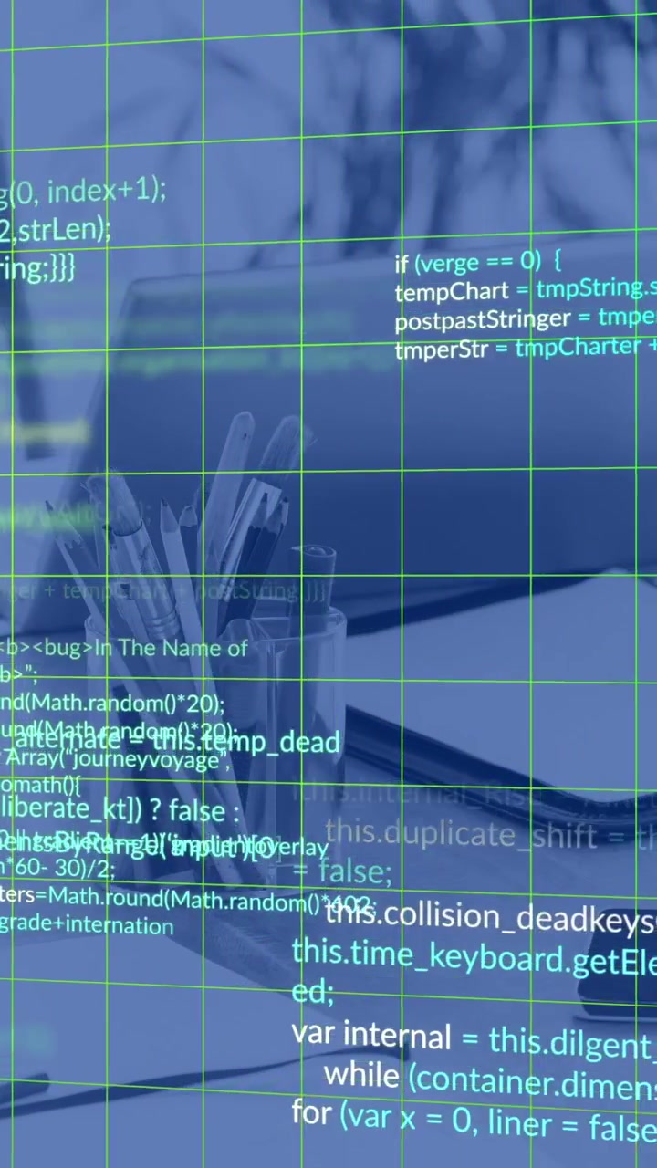 Animation der Datenverarbeitung über einem Gitternetzwerk vor dem Hintergrund eines Bürotisches.
