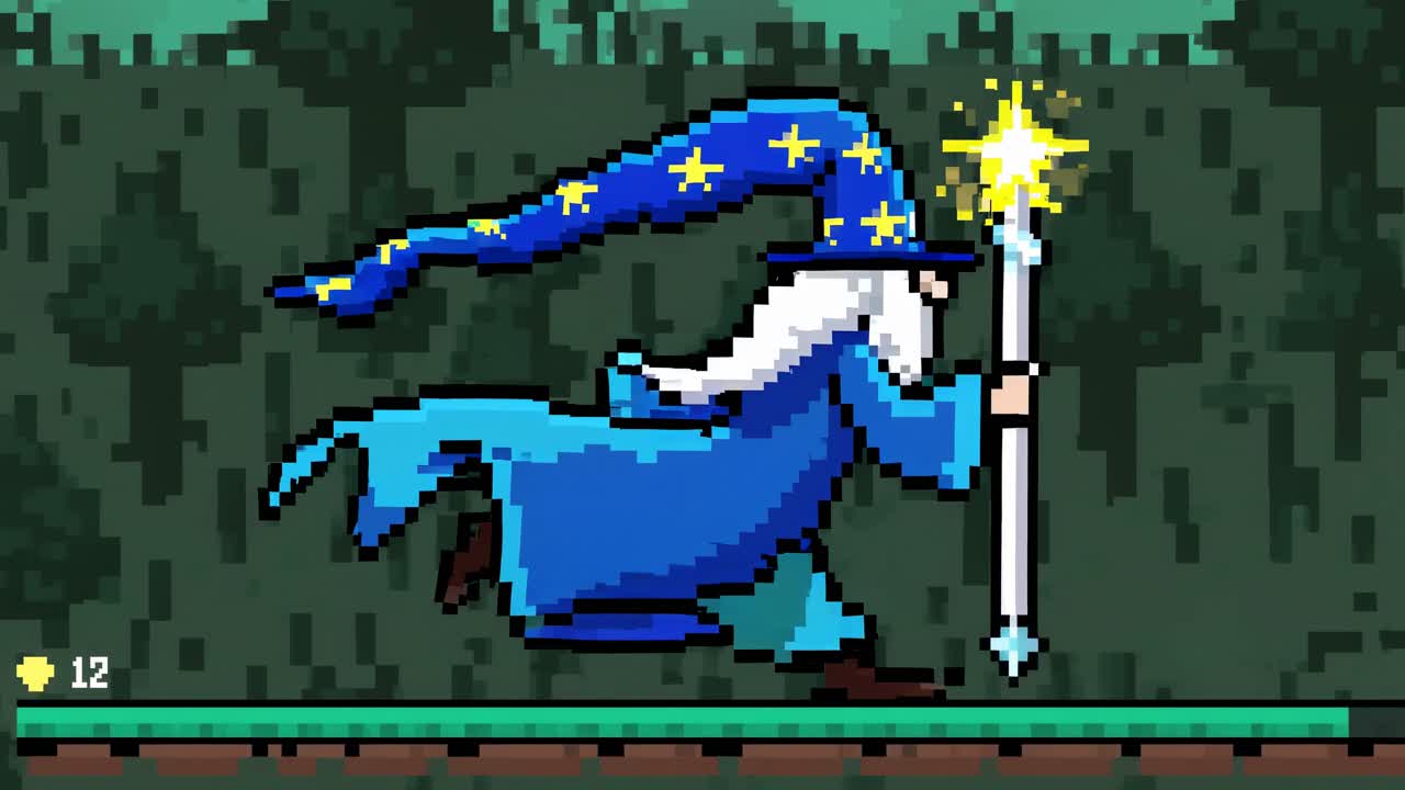 Pixel art video game style with a side-scrolling view. A wizard in a starry hat runs with a glowing