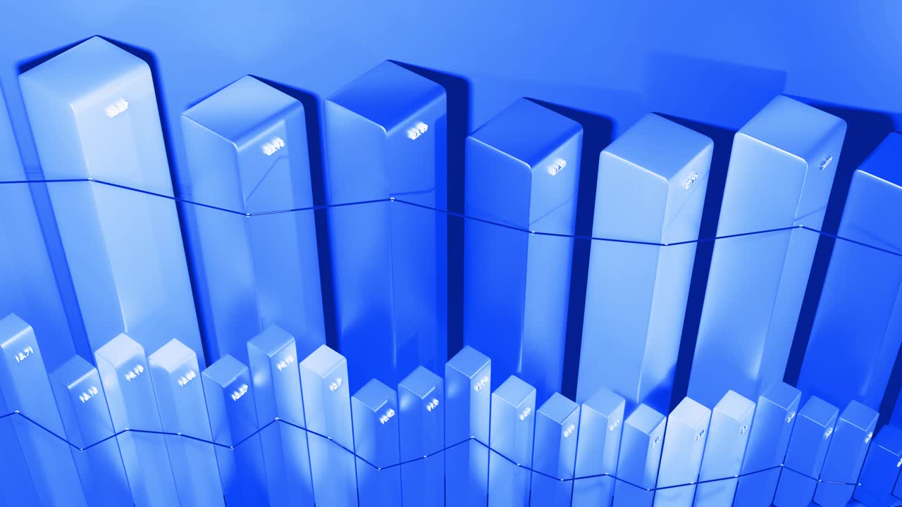 Abstract infographics. Crisis, stagnation and recession concept. Downgrade graph from columns. Economic loop background with copy-space in 4k. Beautiful 3d bars as chart of statistic data in blue.