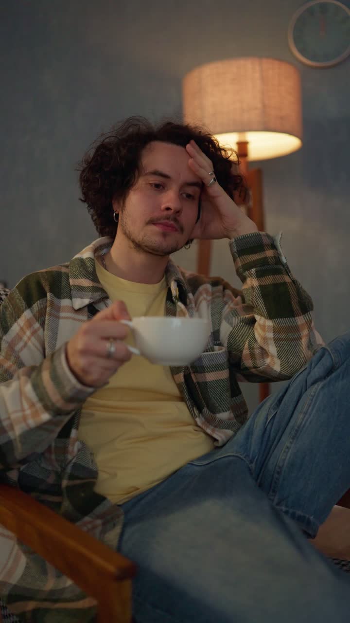 Vertical video of a tired brunette guy in a checkered shirt drinking a hot drink from a cup and thinking about his life near a lamp at home in the evening