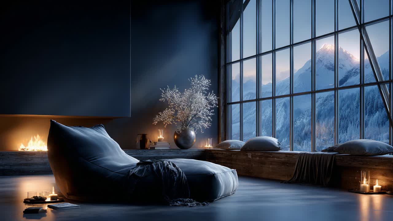 A serene and cozy interior captures a tranquil atmosphere, featuring a comfortable chair, elegant decor, a warm fireplace, and breathtaking snowy mountain views through large glass windows