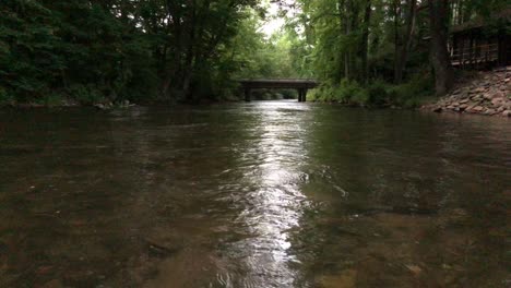 cae la noche en un siniestro río bordeado de árboles y rocas